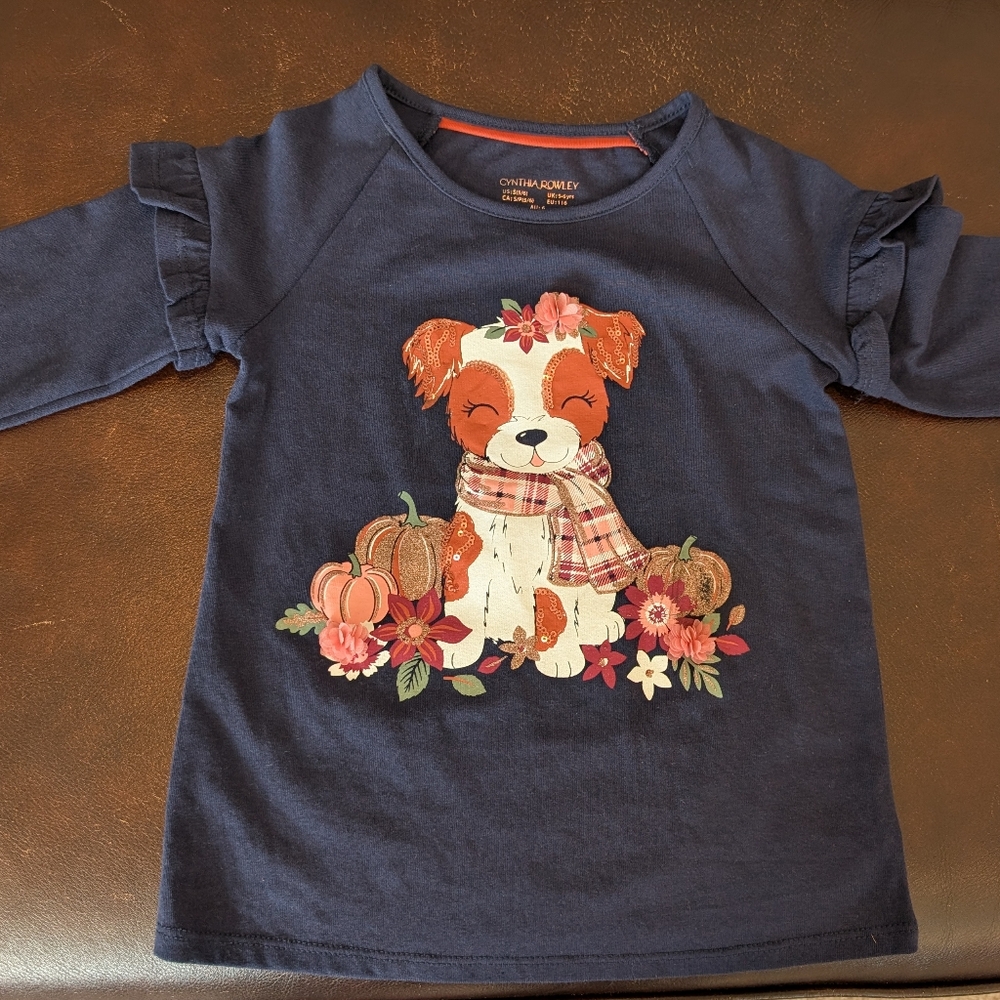 Cynthia Rowley Navy Long Sleeve Shirt Puppy and Pumpkin Design Girls 5/6 NWT